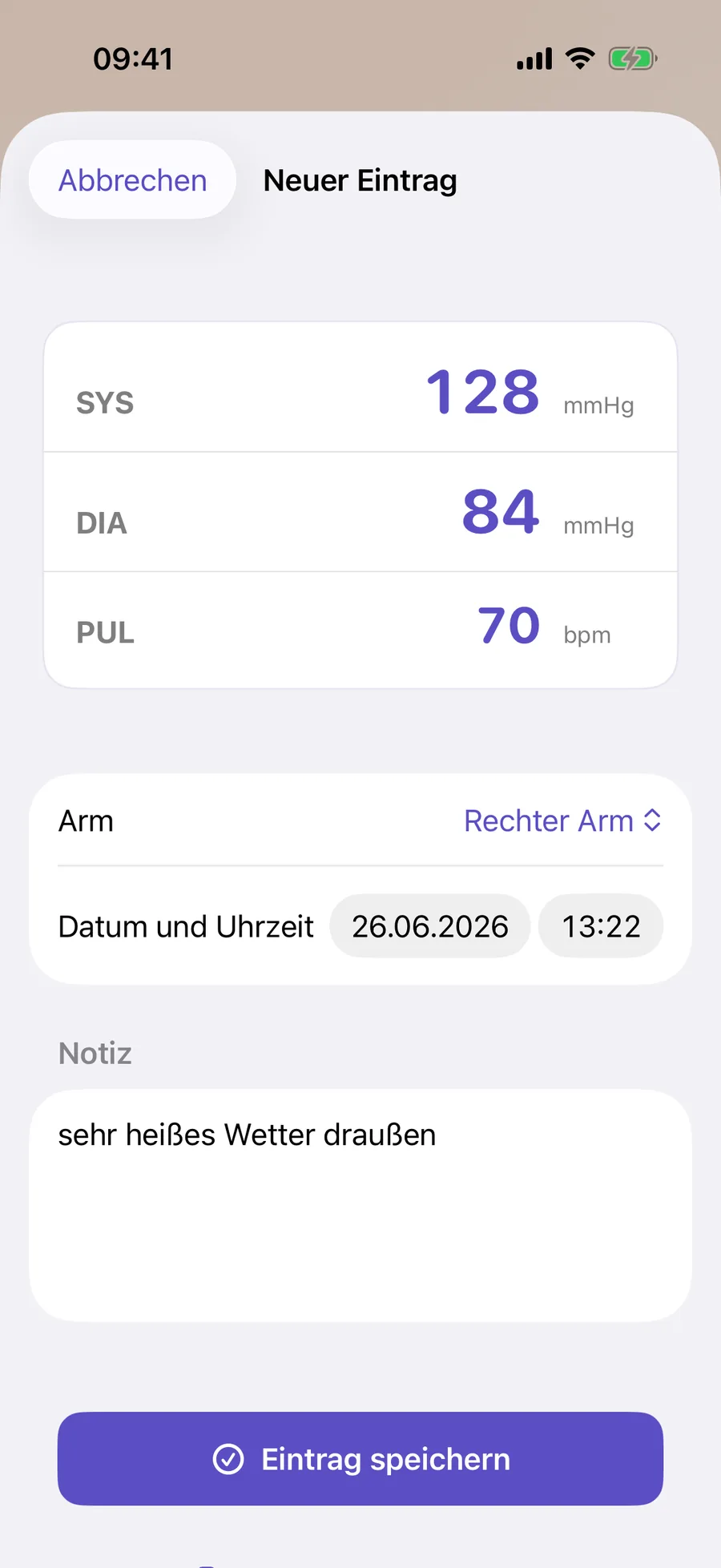 Der Tensia-Eingabebildschirm mit großen Feldern für SYS, DIA und Puls