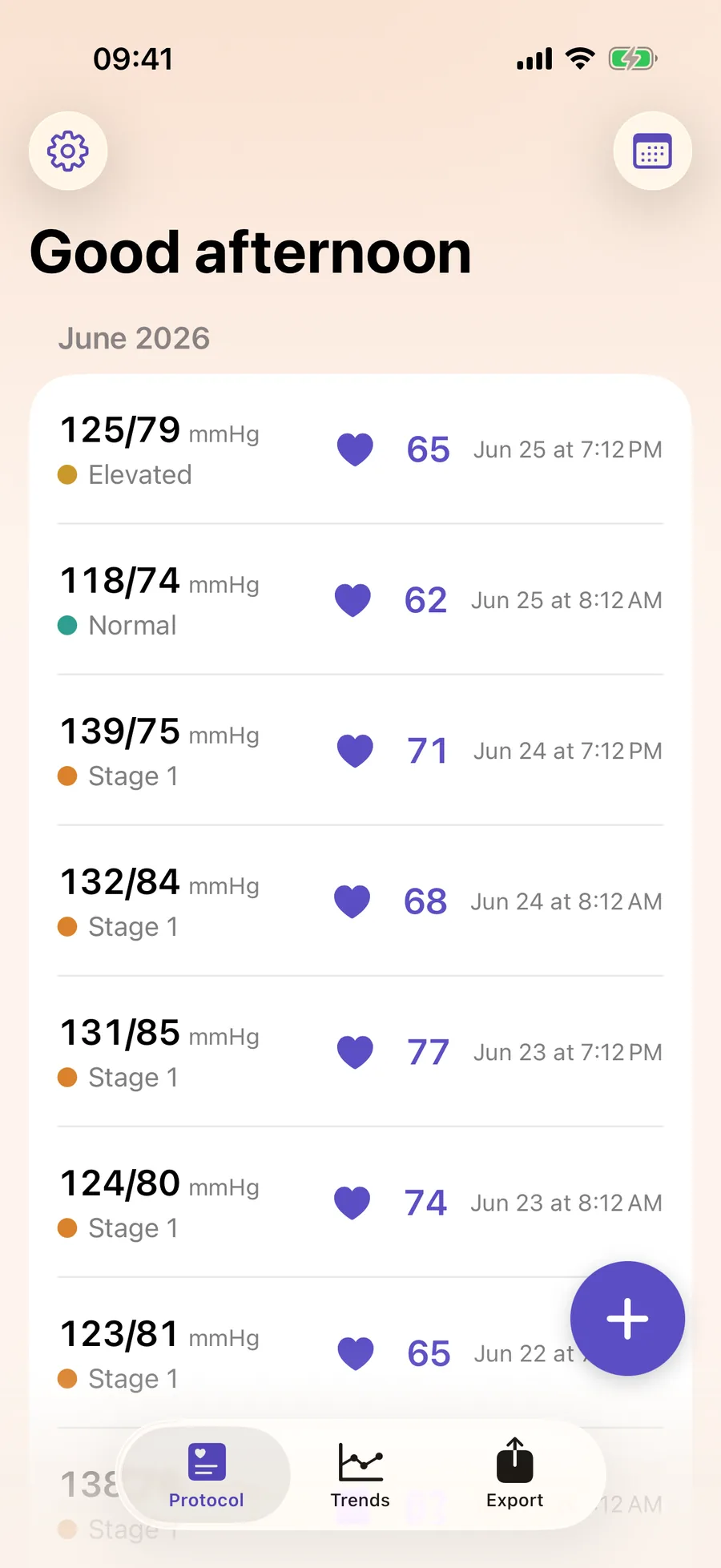 The Tensia app showing a list of recent blood-pressure readings with a calm violet design